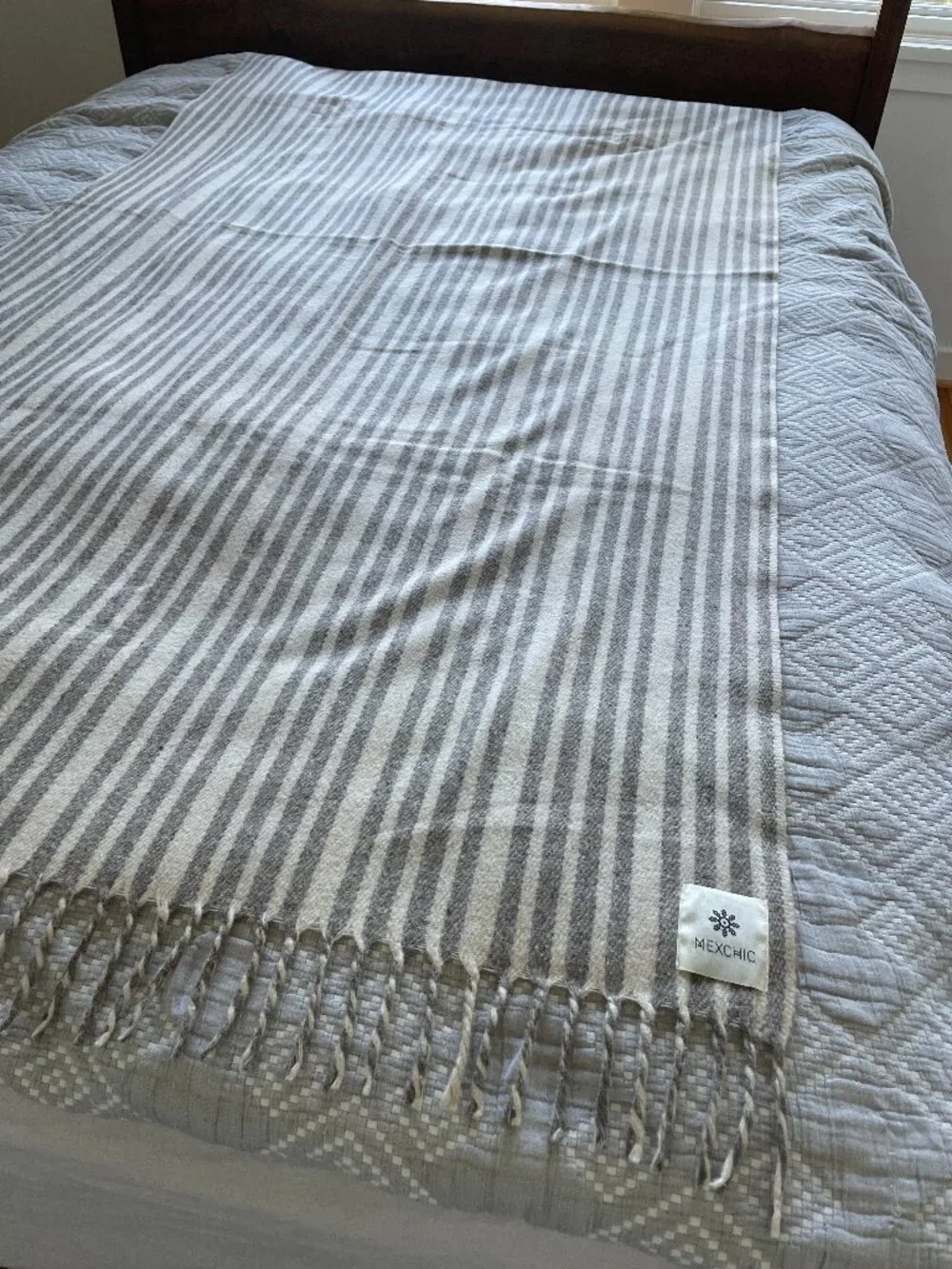 Mexchic Virgin Wool Cream Gray Striped Handwoven Mexican Blanket Throw